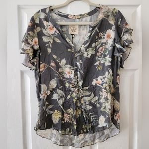 NWT Chaser Floral Layered Ruffle Sleeve Cinched Waste Blouse